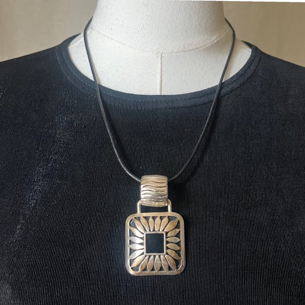 Vintage Best Geometric Pendant Necklace Black Cord Square Drop 20"
Signed